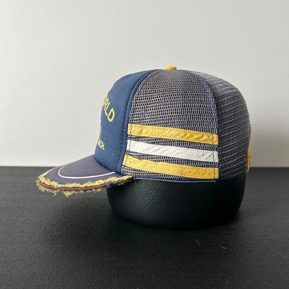Vintage 80s Hobby World 3 Stripe Trucker Hat Cap Snap Back Adjustable Thrashed‎